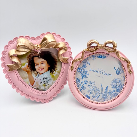 BH Beekman Pink Picture Frames Heart & Round Gold Bow 4x4 - Picture 1 of 5
